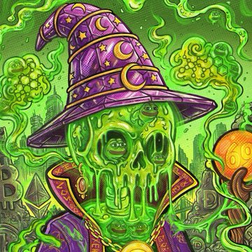 A vibrant illustration depicts a skeletal wizard with a glowing green, liquid-like head, wearing a purple sorcerer's hat adorned with moons and stars, set against a backdrop of Bitcoin and Ethereum logos amidst swirling green magical energy. The image aligns with the post's theme of crypto alchemy and meme magic, presenting the wizard as an "Archmage of Memes" distilling "pure green chaos" and infinite Pepes into the crypto realm.