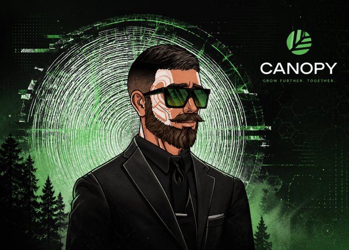 Digital illustration of a bearded man in a black suit wearing futuristic green sunglasses, with 'CANOPY - GROW FURTHER, TOGETHER' logo on the right.