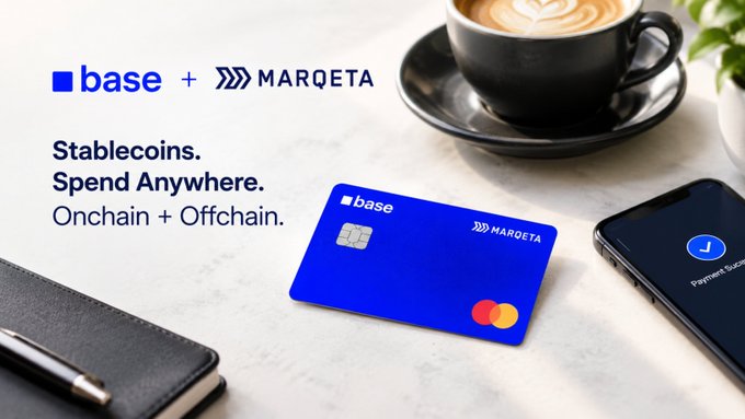 A promotional image showing a blue credit card featuring 'base' and 'Marqeta' logos with text reading 'Stablecoins. Spend Anywhere. Onchain + Offchain.'