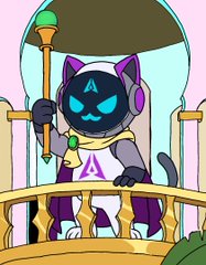 A pixel art illustration of a black cat character wearing purple headphones with an 'A' logo, holding a microphone while standing on a balcony.