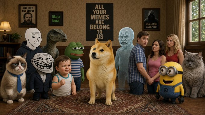 A humorous AI-generated group photo featuring internet meme characters including a crying baby, a Shiba Inu (Doge), a Minion, Pepe the Frog, and the 'Challenge Accepted' woman, along with posters reading 'ONE DOES NOT SIMPLY', 'like a boss', 'ALL YOUR MEMES ARE BELONG TO US', and 'CHALLENGE ACCEPTED'.