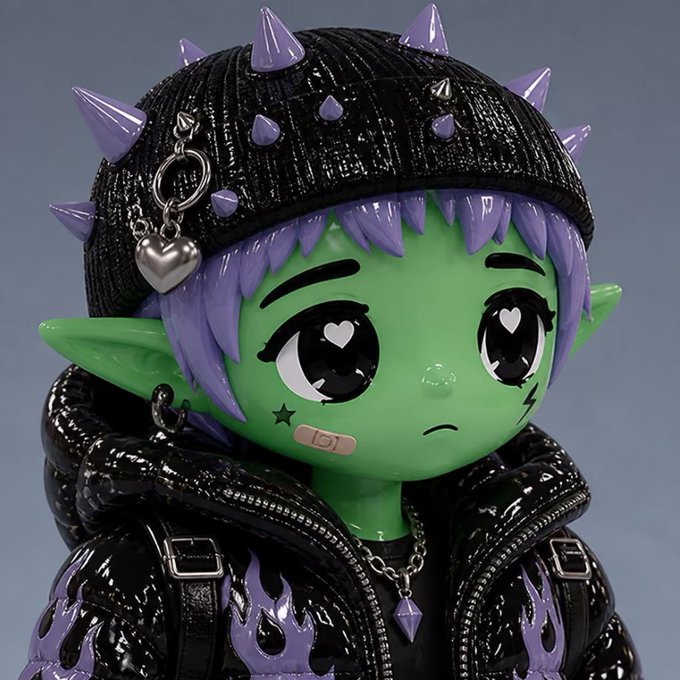 A designer toy figure with green skin, purple hair, pointed ears, and a beanie with purple spikes wears a black leather jacket with flame patterns, featuring heart-shaped eyes and a band-aid on the cheek.
