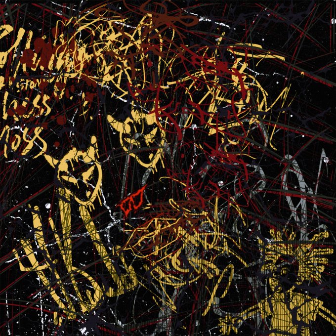 An abstract artwork featuring chaotic layers of yellow, red, and white scribbles, line drawings of figures, and indecipherable text over a black background.