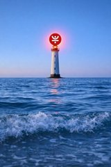 A lighthouse with a glowing red buoy symbol stands tall in the ocean at dusk, symbolizing guidance and direction. This imagery aligns with the post about TRX (TRON) evolving from a basic network asset into programmable capital, serving as a guiding force for the TRON DeFi ecosystem.