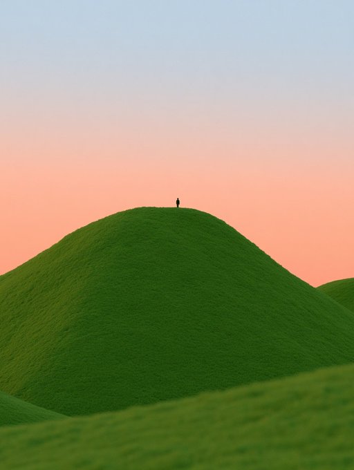 A minimalist landscape image showing a small silhouette of a person standing atop a large, smooth green hill under a gradient sky transitioning from pink to light blue.