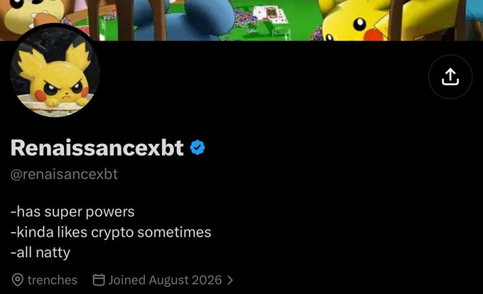 A Twitter/X profile for 'Renaissancexbt' (@renaissancexbt) with a Pikachu avatar and bio reading 'has super powers, kinda likes crypto sometimes, all natty.'
