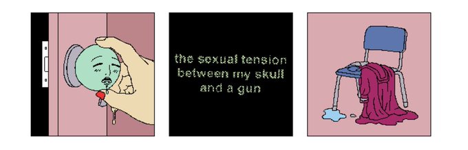 a three-panel comic illustration with text 'the sexual tension between my skull and a gun'