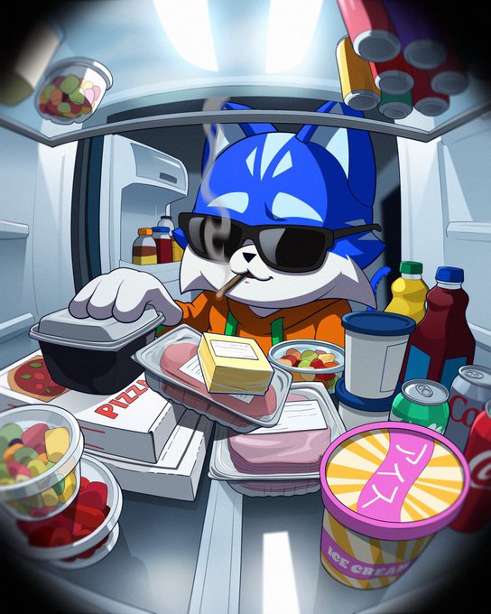 An animated illustration of Sonic the Hedgehog wearing sunglasses and an orange hoodie, looking into an open refrigerator filled with various foods, pizzas, ice cream, and soda cans.