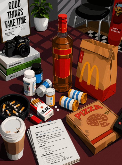 An isometric digital illustration featuring various objects including a "GOOD THINGS TAKE TIME" book, a Canon camera, a whiskey bottle, a McDonald's bag, a Volt Ferralta cigarette pack, pizza, prescription bottles, a lighter, an ashtray, and a medical report.