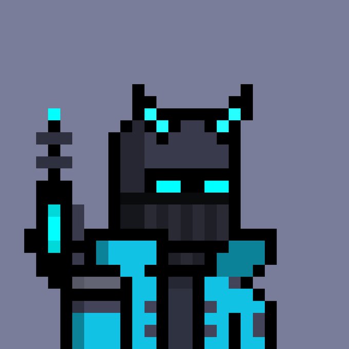 A pixel art illustration of a dark, horned cat-like character with glowing cyan eyes holding a sword, featuring blue accents on its armor against a gray background.