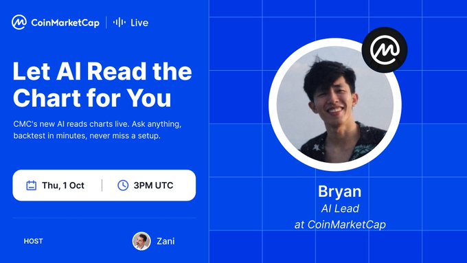 Promotional graphic for a CoinMarketCap Live event titled "Let AI Read the Chart for You," featuring AI Lead Bryan, scheduled for October 1st at 3PM UTC, and hosted by Zani, advertising the new "Agentic Charts" feature.