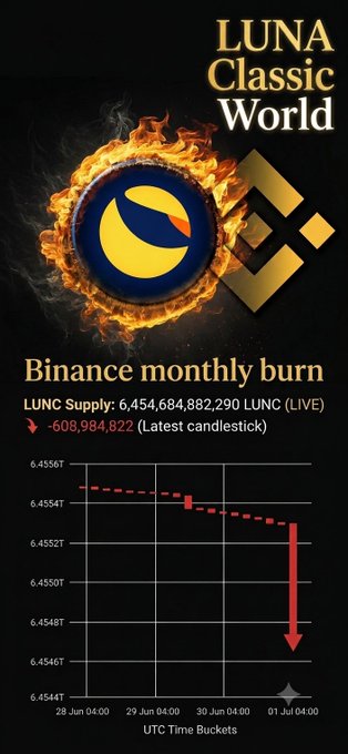 A 'LUNA Classic World' infographic titled 'Binance monthly burn' showing LUNC token supply reduction, with a chart depicting approximately -608,984,822 tokens burned from a total supply of ~6.45 trillion LUNC.