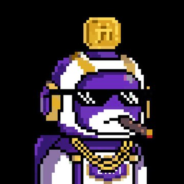 Pixel art NFT character of a purple and white anthropomorphic dog wearing sunglasses, a gold chain necklace, and a floating gold Bitcoin symbol above its head, while smoking a cigar.