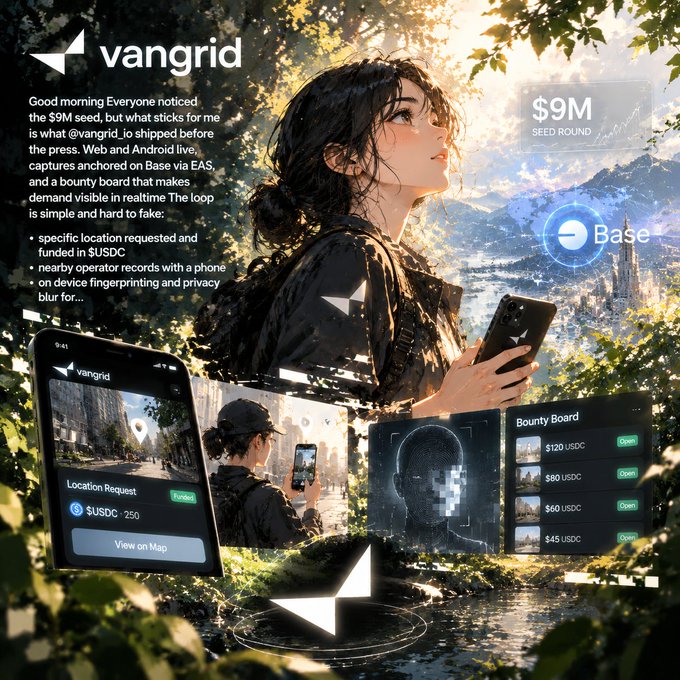 Promotional graphic for Vangrid announcing a $9M seed round on Base, featuring an anime-style illustration and screenshots of a location request app and a bounty board paying in USDC.