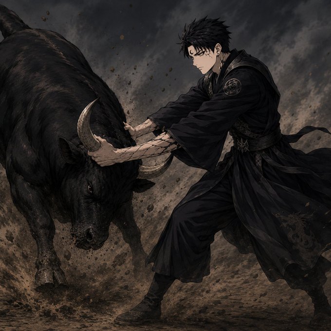 An anime-style illustration of a young man with dark hair and facial tattoos wearing a black robe, struggling to restrain a large black bull in a dusty environment.