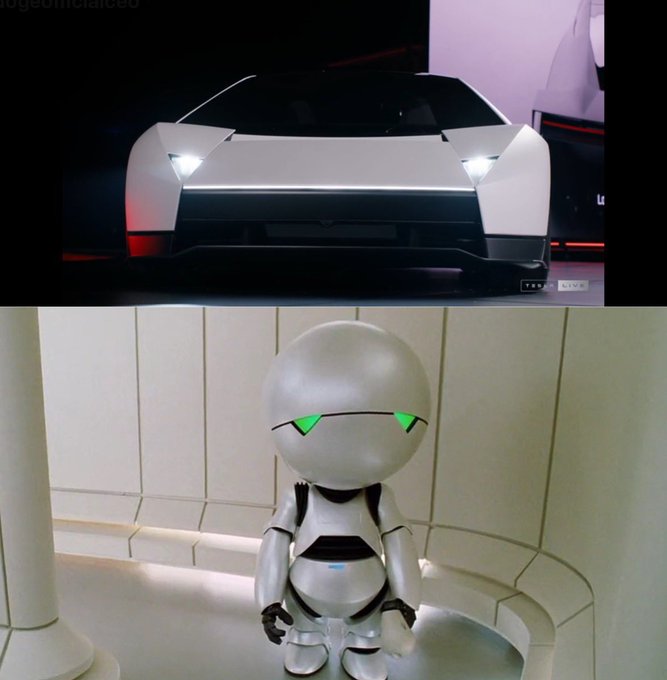 The image shows the Tesla Cybertruck being unveiled (top) above a small white humanoid robot with glowing green eyes that resembles the "Mars Walker" android character from the animated film *Lightyear* (bottom). The visual similarity between the robot's angular white head with glowing eyes and the Cybertruck's wedge-shaped silver body likely prompted the poster's "I wonder if this was intentional" remark, suggesting the robot's design may have inspired the truck's futuristic aesthetics.