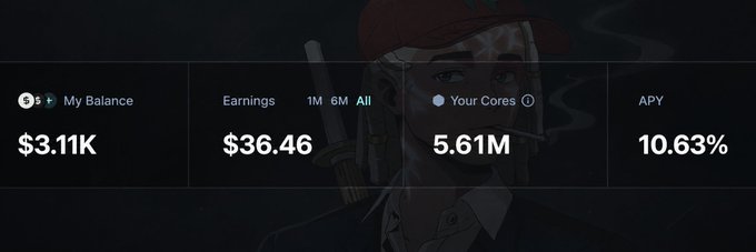 Crypto staking dashboard showing My Balance of $3.11K, Earnings of $36.46, Your Cores at 5.61M, and APY of 10.63%, with a faint character illustration in the background.