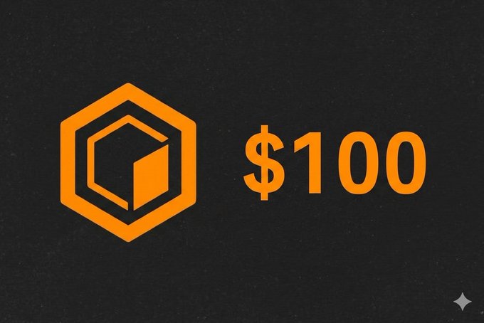 An orange hexagonal logo (resembling the Core DAO/Coreum crypto branding) is displayed next to the bold text "$100" on a dark textured background, visually reinforcing the post's question about whether the Core crypto price will reach $100 in 2026.