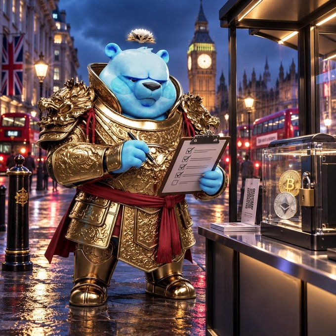 A digital illustration of a blue bear character wearing ornate golden armor, holding a clipboard with a checklist next to a crypto kiosk, set against a rainy London backdrop featuring Big Ben and red double-decker buses.