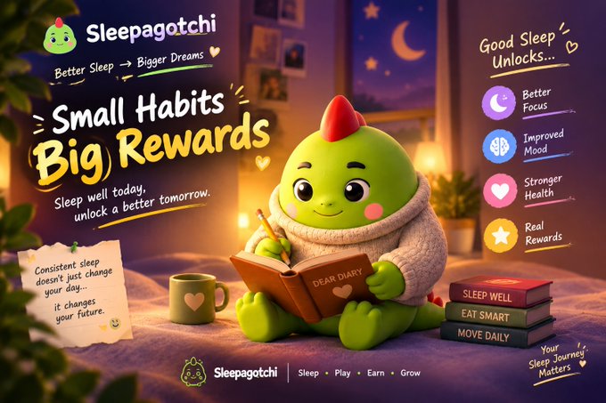 Promotional graphic for 'Sleepagotchi' featuring a green cartoon creature reading a 'Dear Diary' book, with the tagline 'Small Habits Big Rewards' and icons highlighting 'Better Focus,' 'Improved Mood,' 'Stronger Health,' and 'Real Rewards.'
