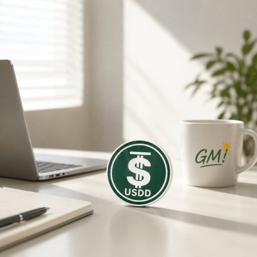 A bright desk scene features a laptop, notebook, and a white mug beside a USDD stablecoin token, illustrating the seamless, low-cost execution advantages discussed for institutional liquidity management. The image reinforces the post's theme by visually symbolizing streamlined, frictionless trading with the prominent "USDD" branding and "GM!" mug text.