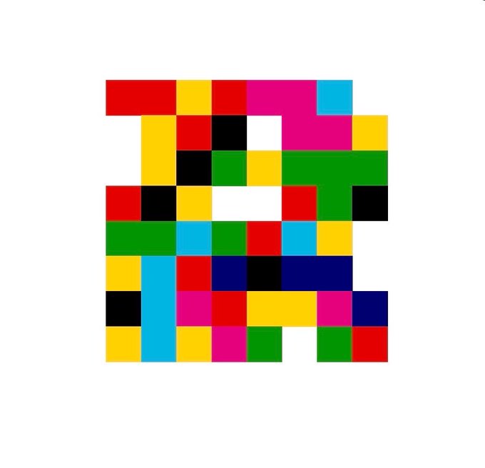 An abstract digital artwork composed of a grid of colorful squares in red, yellow, pink, blue, green, and black arranged in an irregular pattern against a white background.