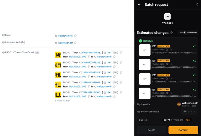 Screenshot of a batch request on a crypto wallet interface, showing the transfer of multiple ERC-721 tokens to the address 'walletchan.eth' with a gas fee of ~52.71 ETH.