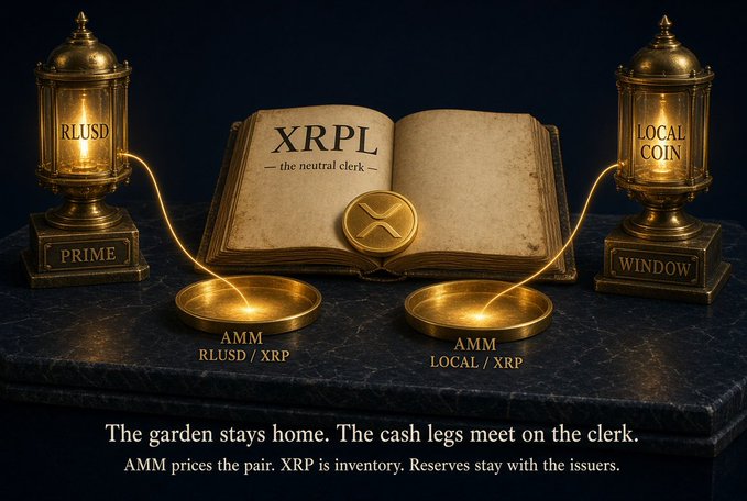 A stylized graphic showing an open book titled "XRPL — the neutral clerk" with golden oil lamps labeled "RLUSD PRIME" and "LOCAL COIN WINDOW," connected by glowing lines to AMM dishes labeled "AMM RLUSD / XRP" and "AMM LOCAL / XRP," with text explaining AMM pricing.