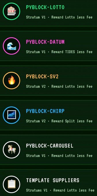 List of PyBlock services including PyBlock-Lotto, PyBlock-Datum, PyBlock-SV2, PyBlock-Chirp, PyBlock-Carousel, and Template Suppliers, each showing their Stratum type and reward structure.