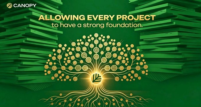 A green promotional graphic for 'CANOPY' with the tagline 'ALLOWING EVERY PROJECT to have a strong foundation' featuring a stylized golden tree made of circular logos growing from a glowing central icon.