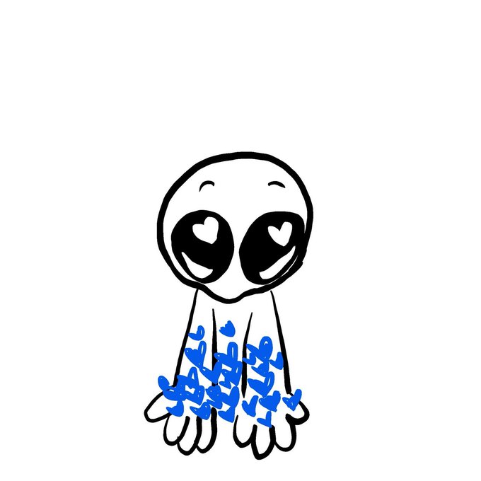 A cartoon alien with a large head and heart-shaped eyes stands with its body scribbled over in blue marker.
