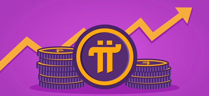 An illustration of purple Pi Network (PI) cryptocurrency coins stacked next to a large upward-trending yellow arrow against a purple background, indicating price growth.