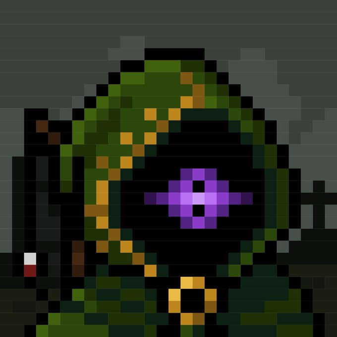 A pixel art illustration of a creature with green and yellow armor, featuring a glowing purple star-shaped emblem on its face.