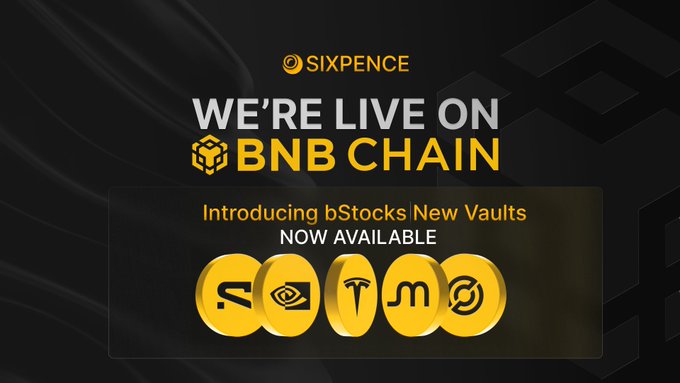 A promotional graphic from Sixpence announcing its launch on BNB Chain, featuring the Sixpence logo and the text "WE'RE LIVE ON BNB CHAIN" alongside "Introducing bStocks | New Vaults NOW AVAILABLE." Five gold coin icons represent tokenized equities for brands including what appears to be Shopify, Nvidia, Tesla, and others, visually reinforcing the post's message about enabling bStocks holders to use tokenized equities as collateral or in yield vaults.