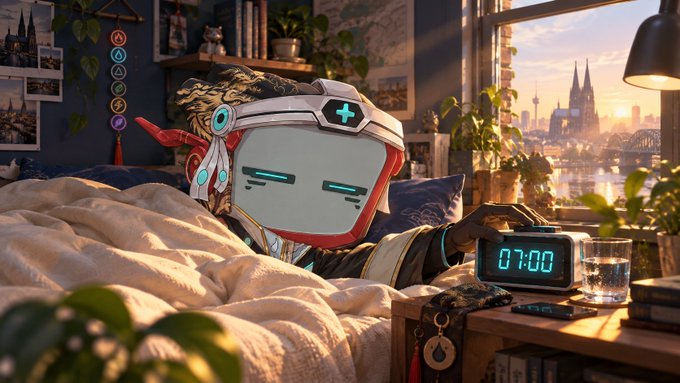 A digital artwork of a stylized robotic character with a screen-like face lying in bed, reaching for an alarm clock showing 07:00, with a scenic European city view through the window.
