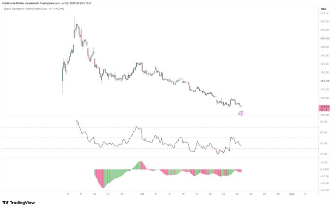 The image shows a TradingView hourly chart of Space Exploration Technologies Corp (ticker: SPCX) with price action ranging from approximately $135 to $225 from mid-June through late July 2026, along with an oscillator and MACD-style histogram indicator below. The chart visually supports the post's discussion of an hourly bullish divergence that played out for roughly +8%, followed by a pullback toward the lows near $118, with the current price marked at $118.78.