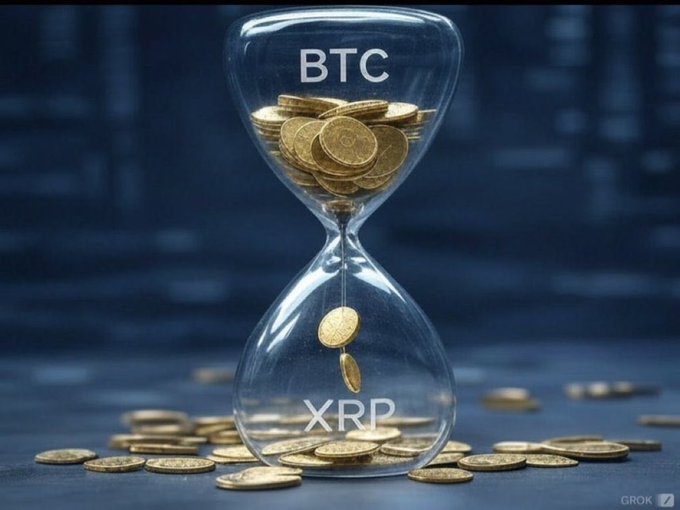 An hourglass overflowing with gold Bitcoin coins at the top, labeled "BTC," trickles down into a sparse pile of coins at the bottom labeled "XRP," symbolizing a dramatic flow of value from Bitcoin to XRP. The accompanying post suggests that if such a shift occurs, XRP's price could soar without further explanation needed.