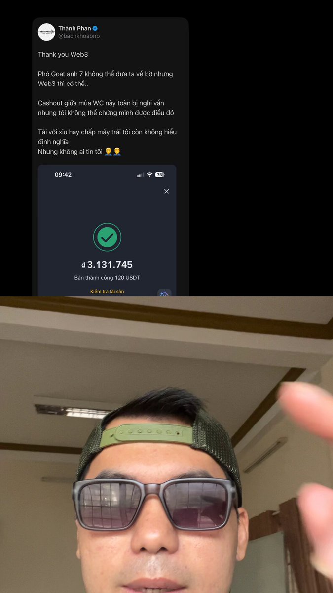 The image features a man with black hair wearing sunglasses and a hat, taking a selfie using his cell phone. The photo includes another person visible behind him who appears to be making a funny or awkward face. A screenshot of a social media post is also present in the picture, which mentions that the man has transferred $3,000 to someone named @ KT_BTC.
