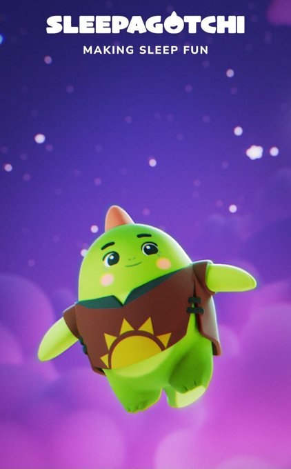 The image features a cartoon green monster with a brown hat and a yellow sunburst design on its chest. The monster appears to be floating in space, giving off an impression of being in a dreamy or whimsical setting. The background consists of purple clouds that create a sense of depth and dimensionality. The caption below the image reads: "People love optimizing their mornings Cold showers, routines, productivity stacks, focus hacks. But none of that really holds if your nights are a mess. @SLEEP is the base layer everything else depends on, even if it gets treated like an afterthought."