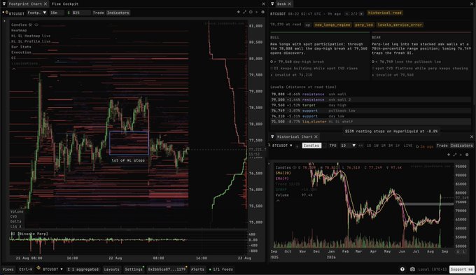 The image shows a trading chart interface on BTCUSDT with a "Hl Stops Ladder" indicator displaying stop distribution around $80,500, alongside a desk X feed noting a "96 longs with spot participation" from 79,960 during NY high and a "leverage map showing 300+%" perp buildup. This visually supports the post's description of an MCP server agentic tool that flagged stops building below price near $79,100—precisely where BTC subsequently dropped, as evidenced by the candlestick chart's sharp selloff into the 78,500 zone.