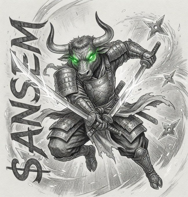 A black and white sketch depicts a samurai with a bull's head, glowing green eyes, and full armor, holding two swords in a dynamic pose alongside the text 'SAMURAI'.