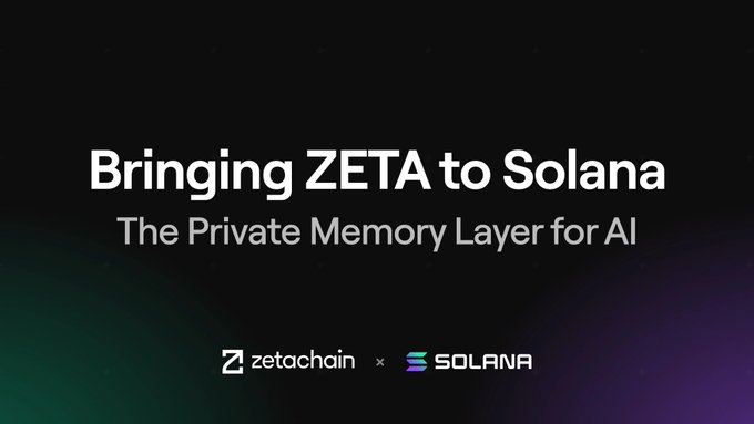 A dark promotional graphic reading "Bringing ZETA to Solana / The Private Memory Layer for AI" featuring the Zetachain and Solana logos.