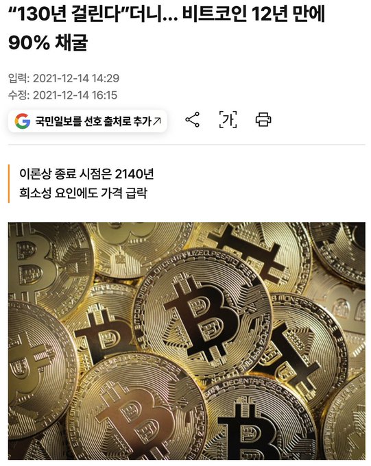 A Korean news article from December 14, 2021, with the headline ""130년 걸린다"다니... 비트코인 12년 만에 90% 채굴" (claiming it would "take 130 years... 90% of Bitcoin mined in 12 years"), accompanied by an image of gold Bitcoin tokens. The article, cited by a Reddit user as a cautionary example of uninformed Bitcoin predictions from 5 years ago, refers to a 2021 theoretical model estimating the remaining Bitcoin supply (about 2.14 million BTC at the time) would take over a century to fully mine under certain yield projections.
