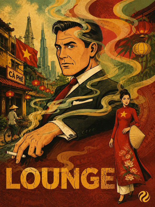 A stylized retro-illustration poster featuring a suited man smoking a cigarette beside a woman in a red traditional Vietnamese dress (áo dài), with a Saigon street scene showing "CÀ PHÊ" signage, the Vietnamese flag, and "LOUNGE" in bold letters at the bottom—serving as promotional artwork for the Injective Creative Campaign's artist-led quests.