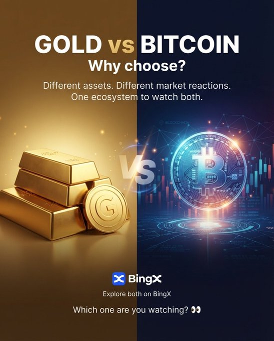 A BingX exchange advertisement comparing 'GOLD vs BITCOIN' with the tagline 'Why choose?', showing gold bars on the left and a glowing Bitcoin symbol with charts on the right.