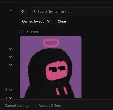 The image shows a digital NFT marketplace listing interface displaying one item filtered by "Owned by you," featuring a purple pixelated artwork of a black hooded figure with a pink halo and pink facial features. The post references the user's NFT collection on AGNTSOCIAL, with the image illustrating their newly minted digital art piece from the platform.