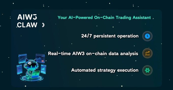 Promotional graphic for 'AIW3 CLAW', an AI-Powered On-Chain Trading Assistant featuring 24/7 operation, real-time data analysis, and automated strategy execution.