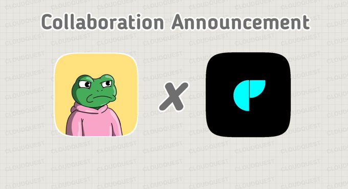 A collaboration announcement graphic featuring the Pepe the Frog (Frogizens) mascot on a yellow background alongside a black app icon with a teal "P" logo, separated by an "X" symbol, promoting a giveaway with the post's instructions to follow @Frogizens and submit an EVM wallet for a chance to win additional GTD rewards.
