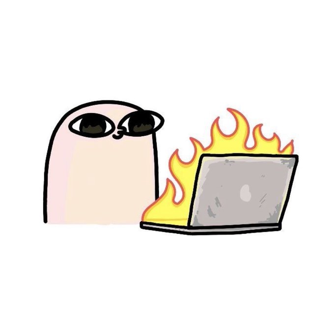 A pink blob character wearing sunglasses calmly watches a laptop engulfed in flames, humorously illustrating the post's "cooking" metaphor for returning to social media after being "locked in" for too long.