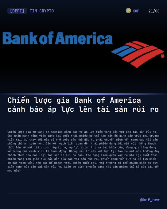 A Vietnamese news graphic from [DEFI] TIN CRYPTO dated 21/08 about Bank of America's bearish strategy warning of pressure on crypto assets, by @kof_new.